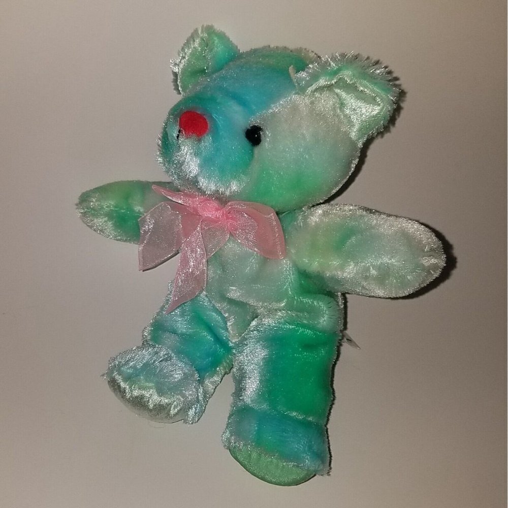 King Plush Green Blue Teddy Bear Lovey Stuffed Animal Toy 6" Pink Bow Red Nose
